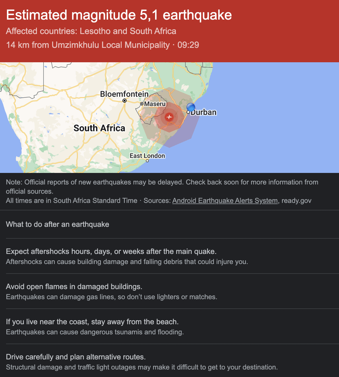 EARTHQUAKE TRACKER GOOGLE SEARCH DURBAN