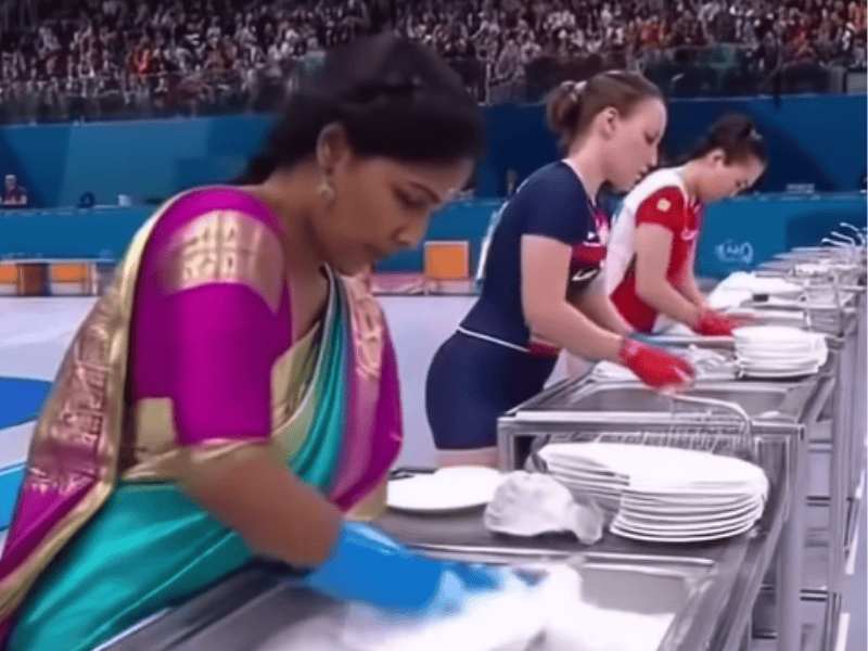 Several women compete in a dishwashing competition