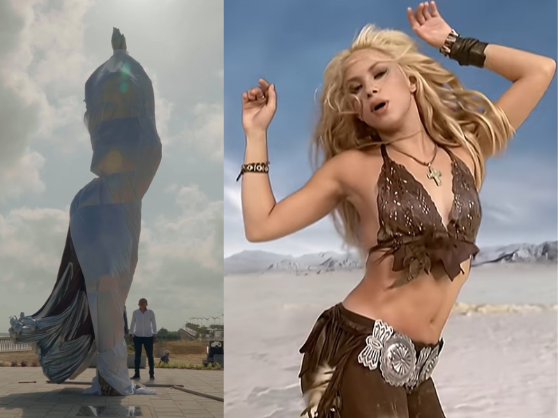Shakira dancing in a brown two piece and her statue in Colombia