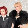 Sharon and Kelly Osbourne posing against a light wallpaper backdrop