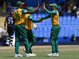 South Africa's Kagiso Rabada and Keshav Maharaj during the ICC men's Twenty20 World Cup 2024