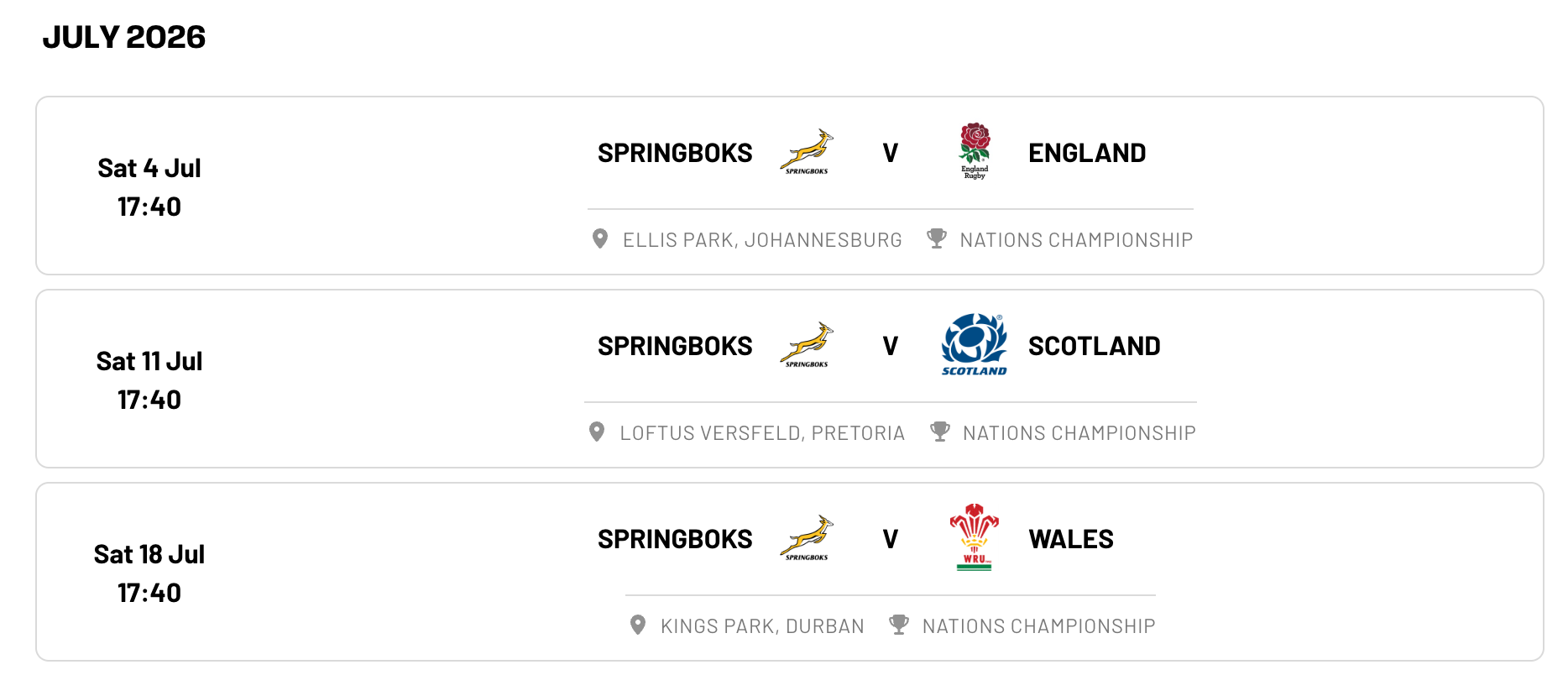 Full list of dates and times for Bafana Bafana and Springboks 2026 fixtures