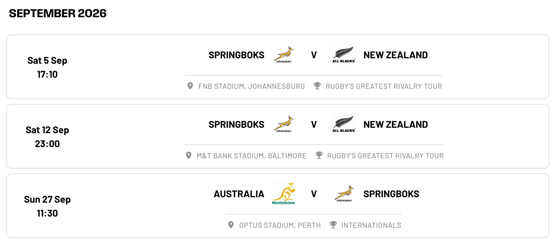 Springboks September 2026 fixtures