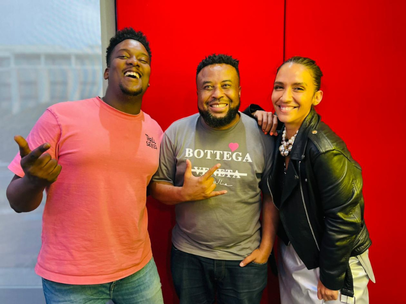 Stacey, J Sbu and DJ Sox stand together in studio at East Coast Radio House
