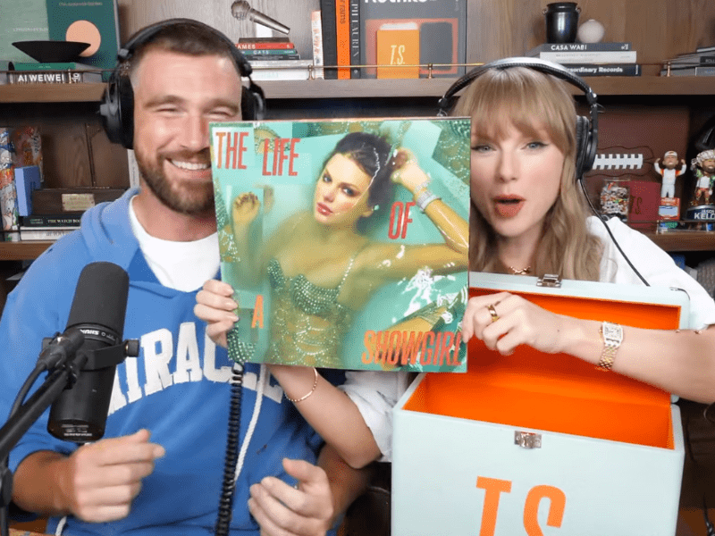 Taylor Swift and Travis Kelce with her new album cover
