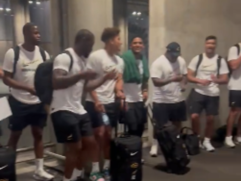 The Springbok players dancing at Heathrow Airport