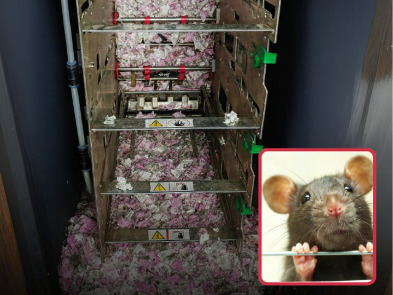 The inside of an ATM with shredded notes and a rat