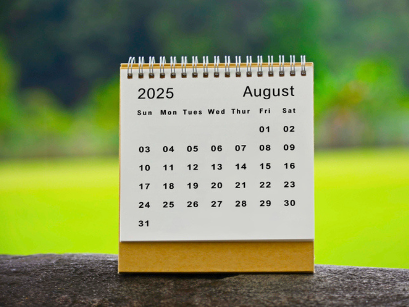 The month of August 2025 on a calendar with green blurred background