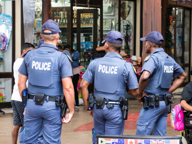 Three police officers monitoring inside shopping area at uShaka Marine World