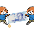 Two animated dogs stretching a R100 note
