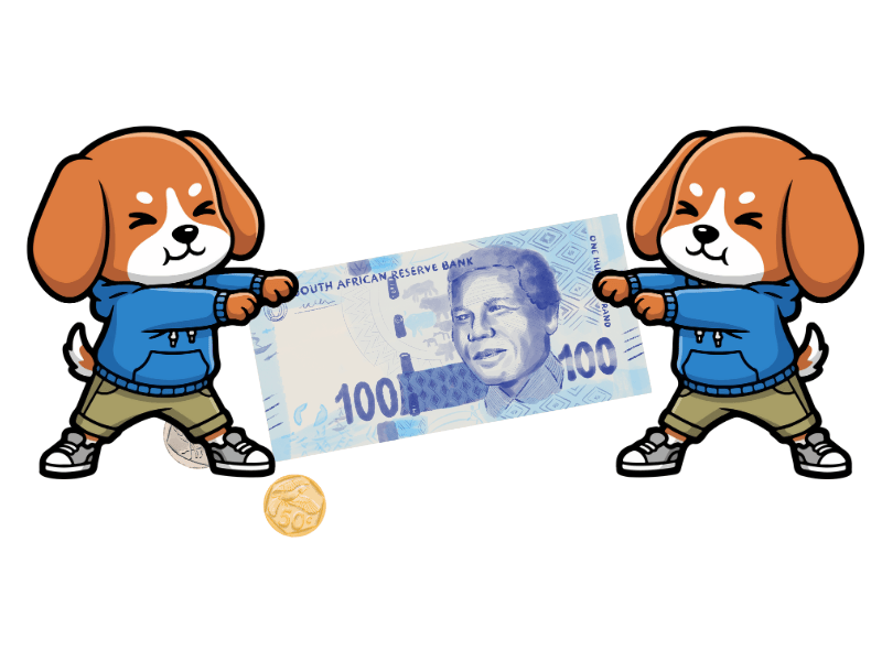 Two animated dogs stretching a R100 note