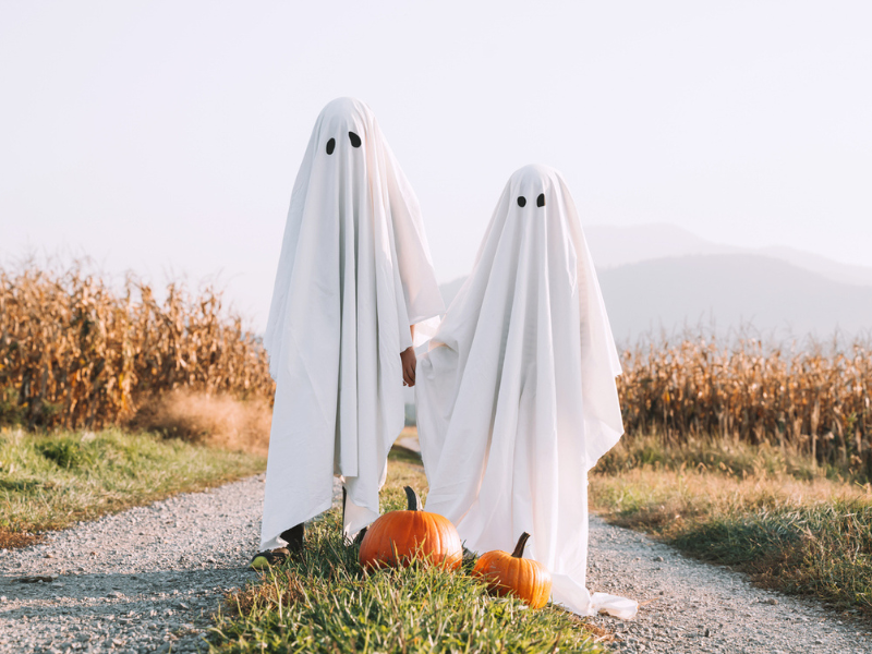 Two children  dressed as ghosts in white sheets in the countryside