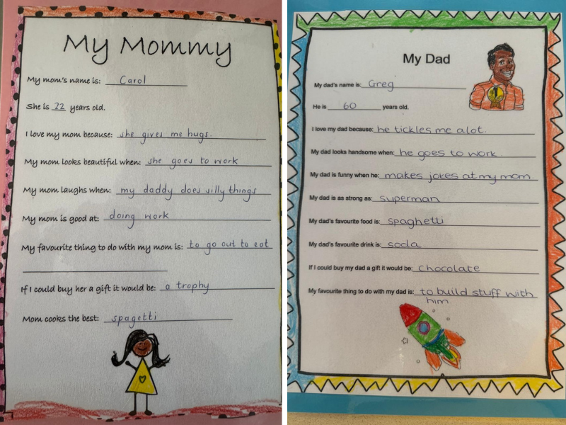 Two fact cards made at school for Mothers day and fathers day