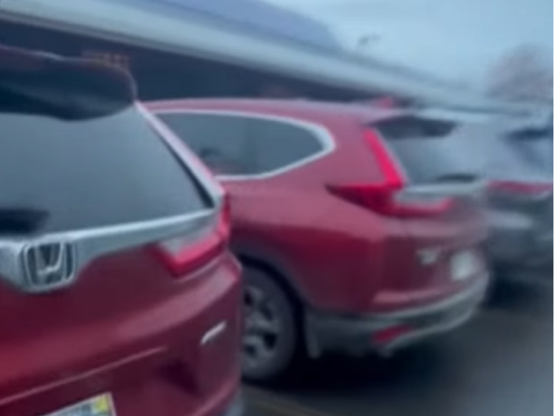 Two maroon vehicles parked next to one another