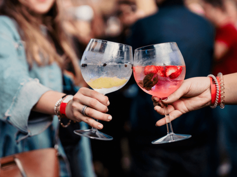 Two women toasting drinks during a music festival