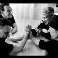 A black and white picture of U2 members