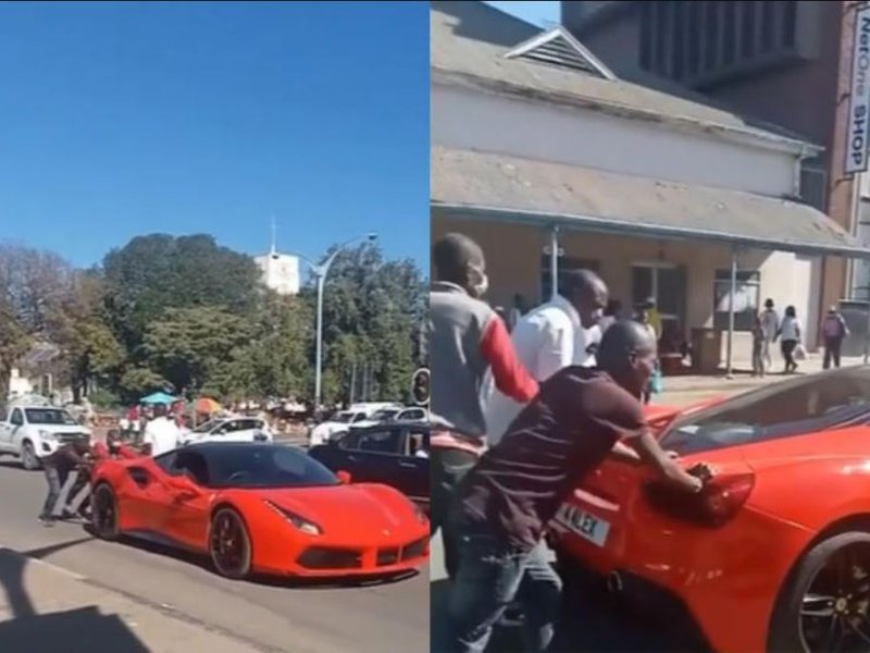 A viral video of a man and a group of people spotted pushing a Ferrari 458 in Bulawayo.