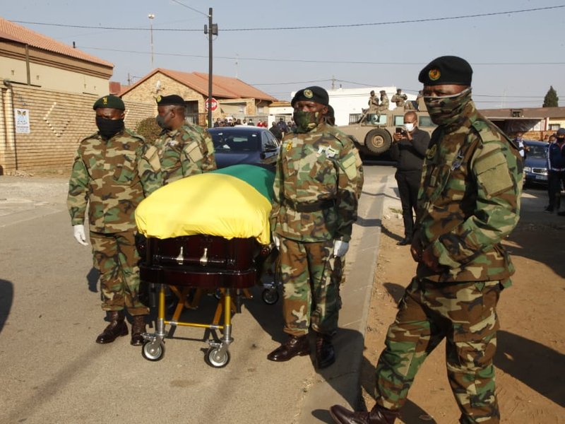 Coffin of Andrew Mlangeni outside his home in Dube