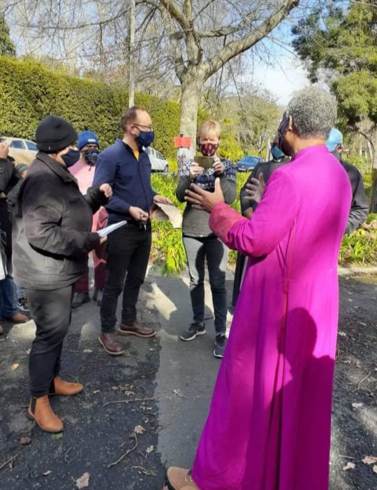 Rev June Dolley Major at the Bishops court with Archbishop Thabo Maokgoba