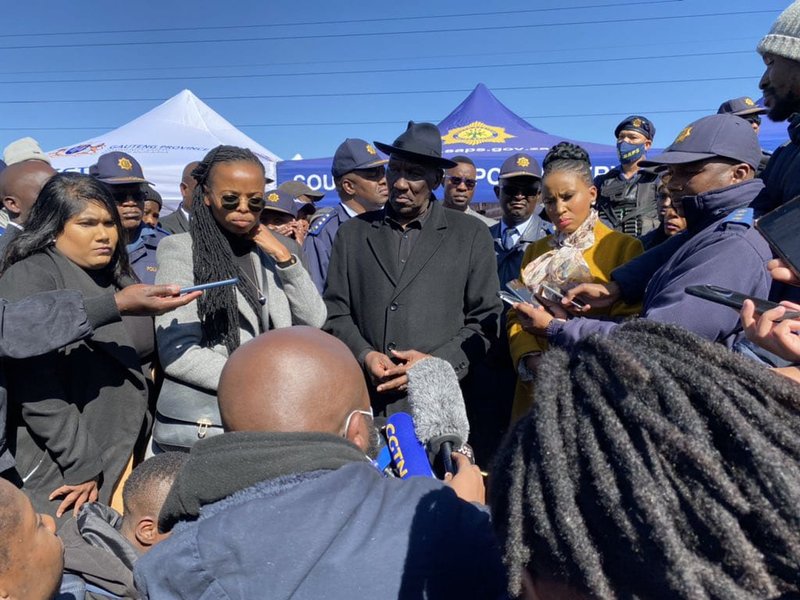 Police Minister Bheki Cele making his statement regarding the tavern shooting.
