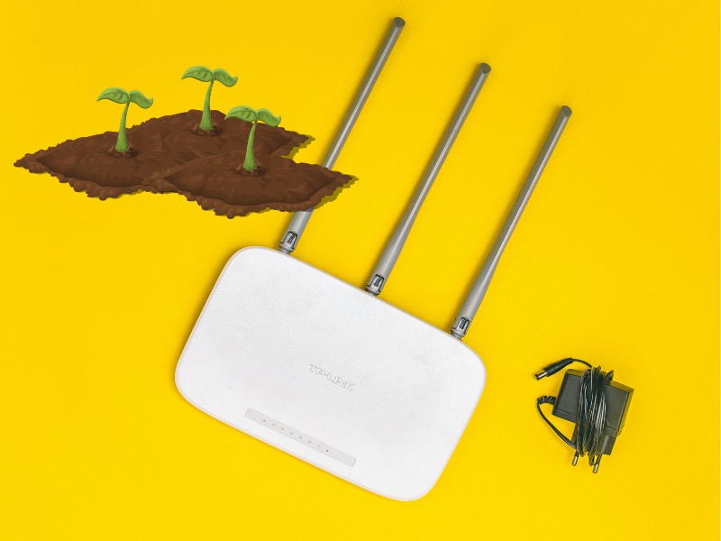 Wifi router on yellow background with plants