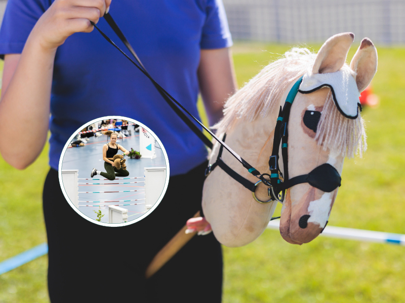 Woman carrying a stick horse