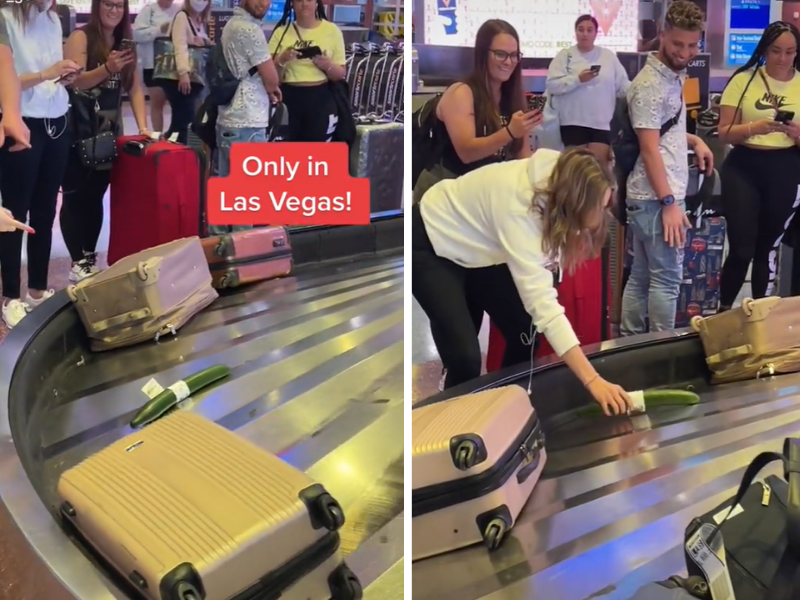 Woman claiming her cucumber at baggage claim in Las Vegas