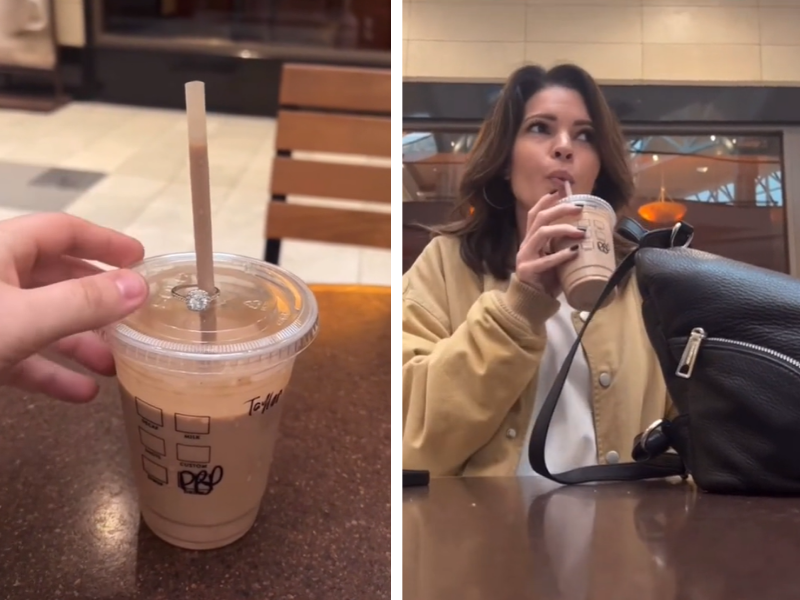 Woman drinking takeaway coffee with an engagement ring