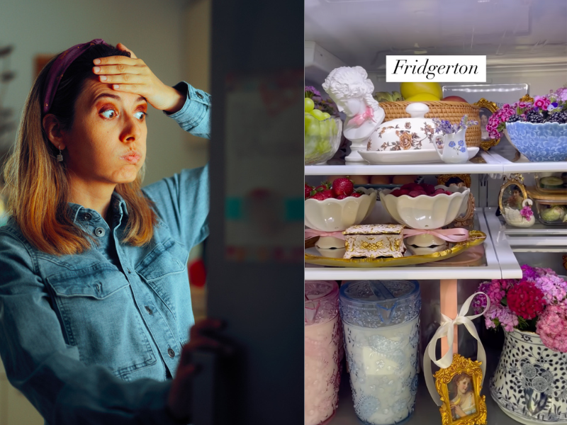 A puzzled woman looking into a fridge