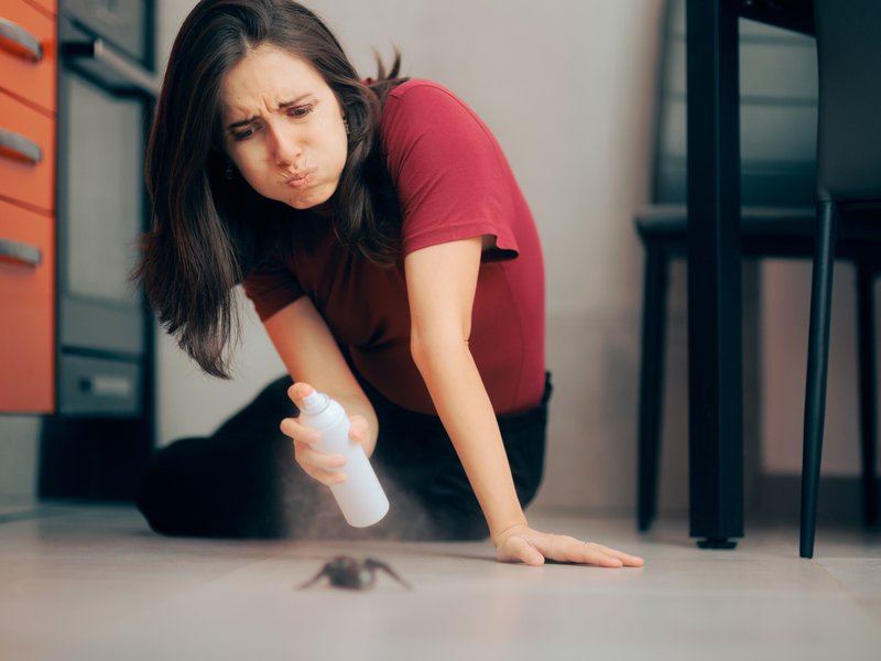 Woman spraying with insecticide over an ant on the kitchen floor