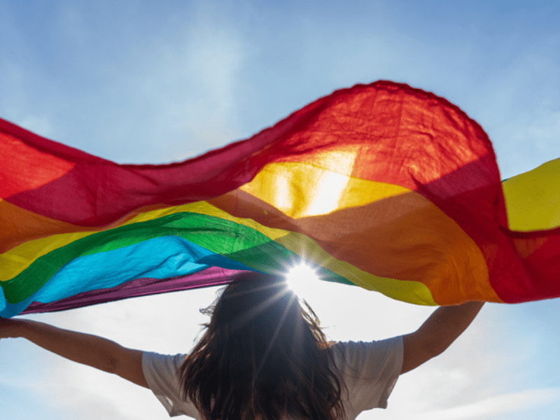 Woman waving rainbow flag under the sky