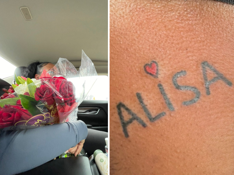 Woman with roses and tattooed arm