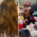 Woman with tangled hair and dirty apartment