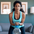 Woman working out at home using water bottle as weight