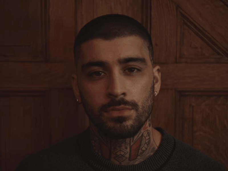 Zayn Malik poses against a background with wooden panels