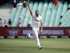 Proteas bowler Anrich Nortje celebrates Australia wicket at Kingsmead