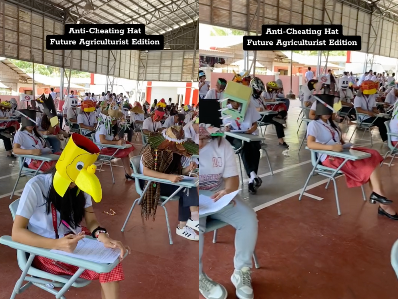 VIDEO: Teacher has class wear anti-cheating hats during tests