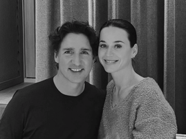 Katy Perry and Justin Trudeau black and white