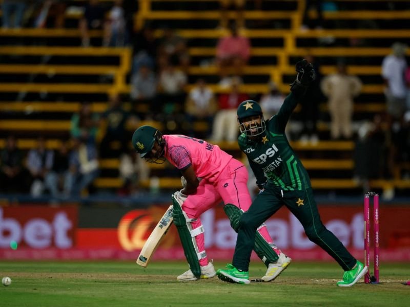 South Africa Kwena Maphaka reacts after he is bowled as Pakistan wicketkeeper Mohammad Rizwan celebrates Pakistan victory in the third one day international
