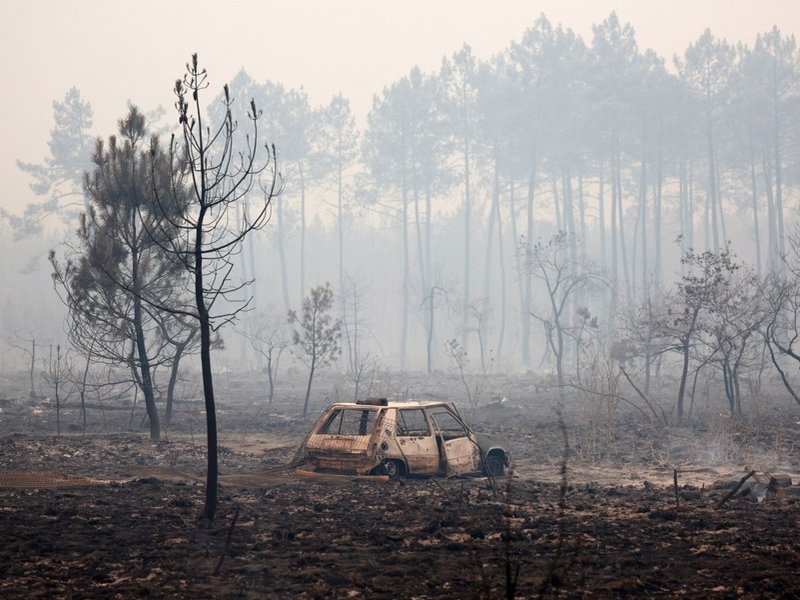 Burnt car and trees following a wildfire in southwestern France in July 2026