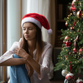 frustrated woman sits next to a Christmas tree
