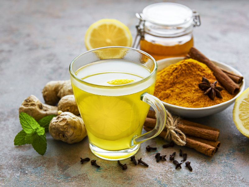 Ginger, turmeric, honey, lemon, cinnamon tea