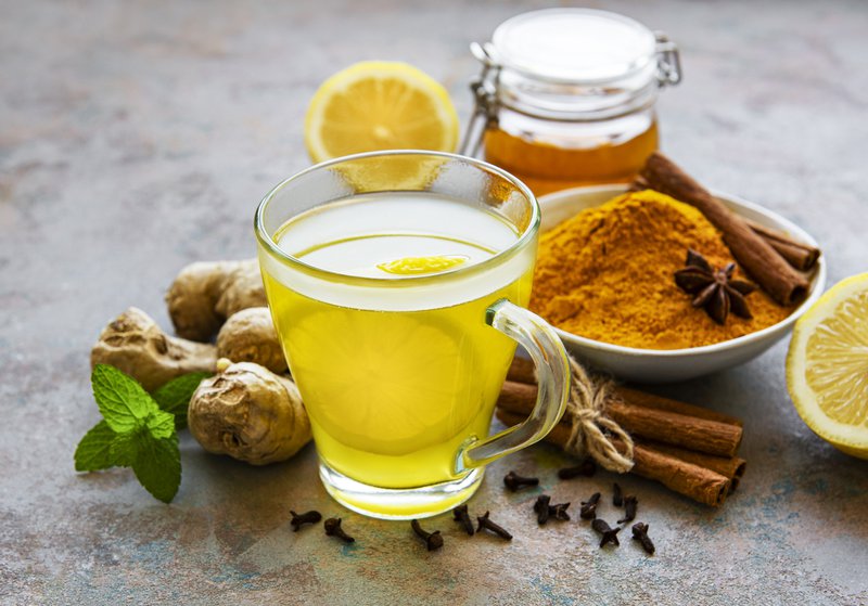 Ginger, turmeric, honey, lemon, cinnamon tea