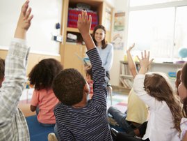Elementary school kids raising hands to teacher, back view