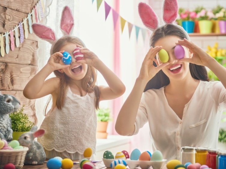 Easter eggs mom daughter bunny ears