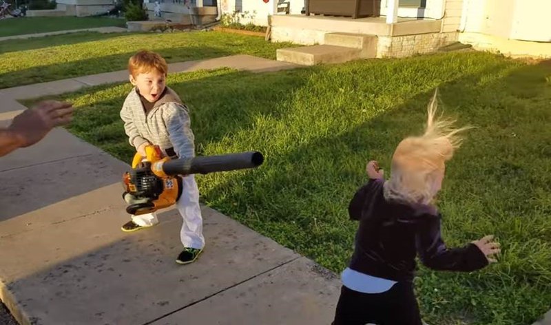 image boy leaf blower funny