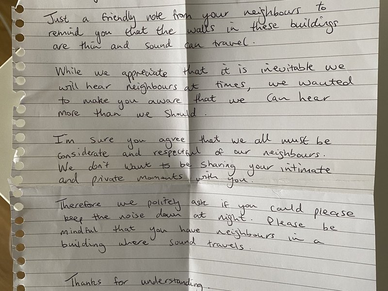 A man receives a letter asking him to engage in quieter lovemaking
