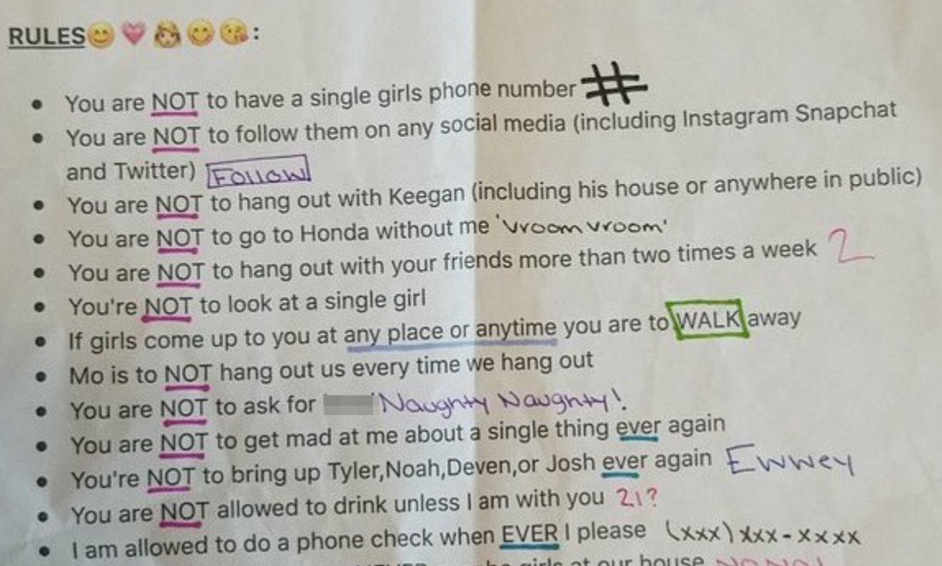 Girlfriend's bizarre list of strict rules for her boyfriend