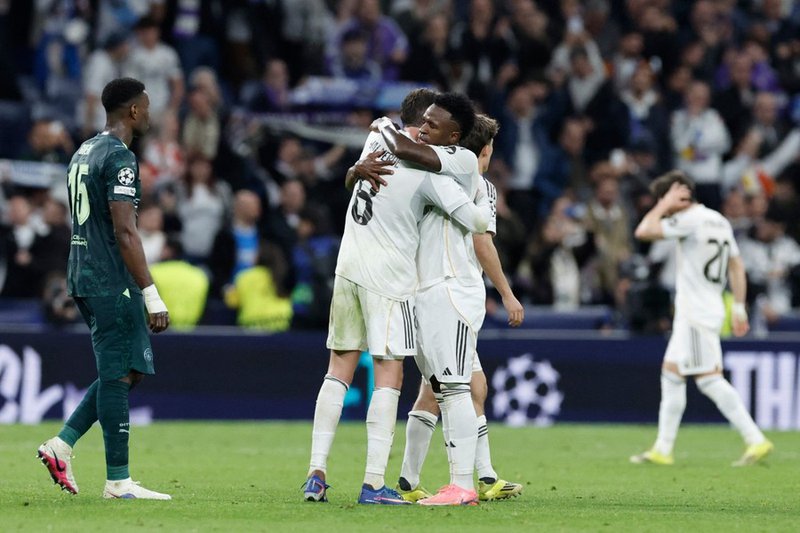 Real Madrid player Vinicius Junior celebrates in Champions League