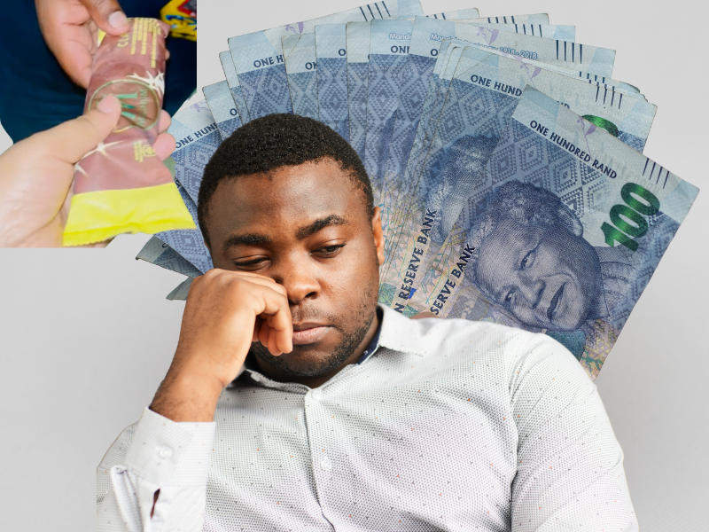Sad man with money and ice cream in the background
